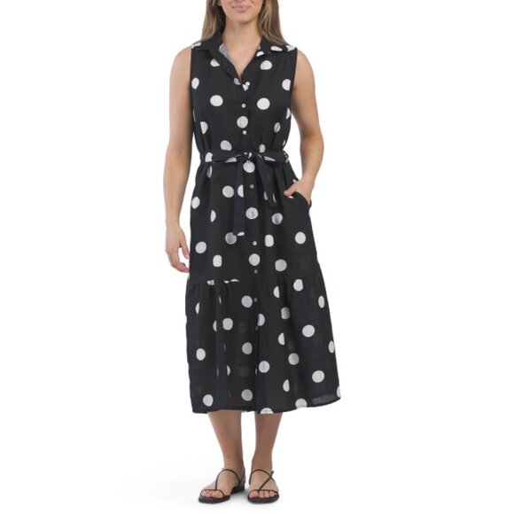 FRANCESCA BETTI Black/White Made In Italy Linen Blend Polka Dot Dress - Picture 1 of 2